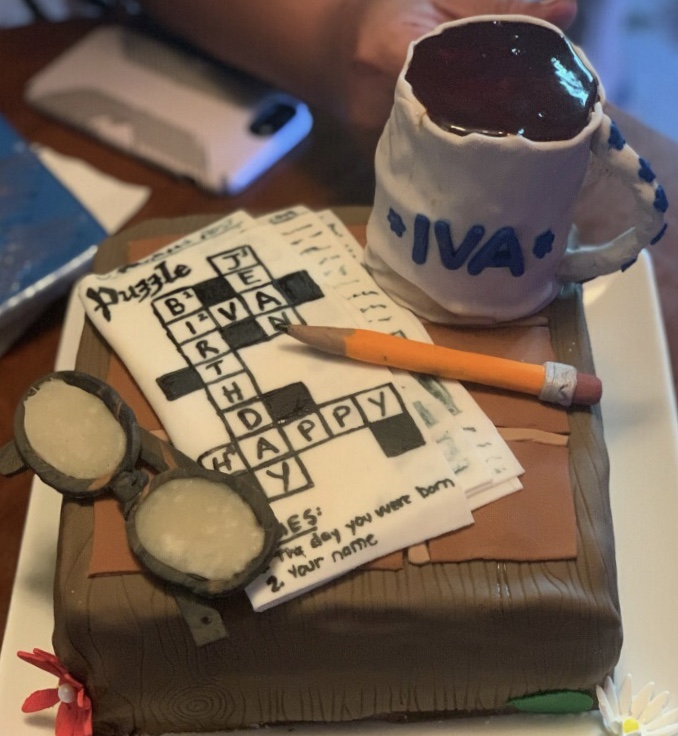 Crossword Puzzle and Tea Birthday Cake Almond with Almond Cream Center
